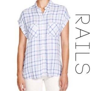 RAILS Britt Rayon Soft Blue Plaid Button Down Short Sleeve Top Small NWT